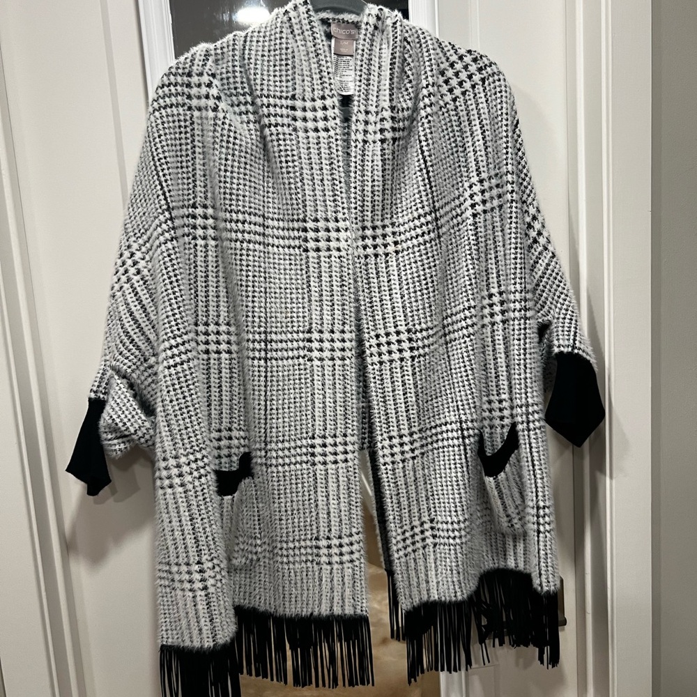 Chico's Fringe Poncho S/M Black and White Plaid